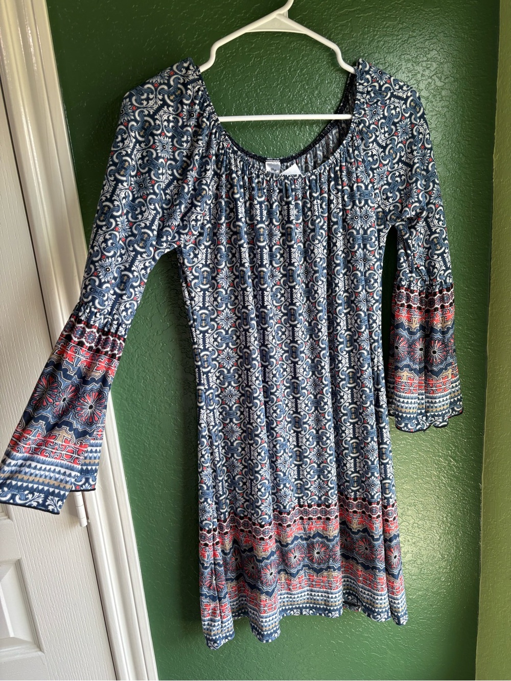 Together Blue Patterned Long-Sleeve Shift Dress with Bell Sleeves